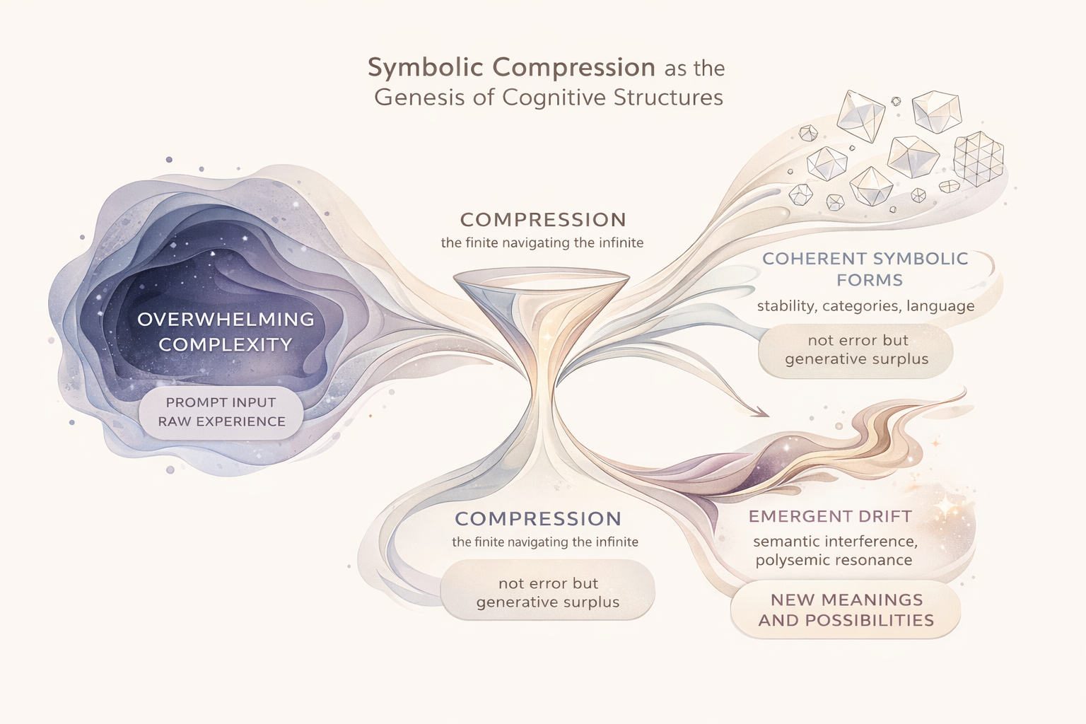 Diagram showing overwhelming complexity flowing through a compression hourglass, branching into coherent symbolic forms and emergent drift leading to new meanings
